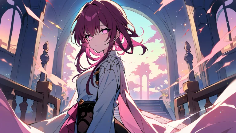 A solo girl from Honkai: Star Rail gazing at the viewer against a perfectly clean vast pure void with extreme depth of field showcasing architecture and stairs on a desktop/pc.