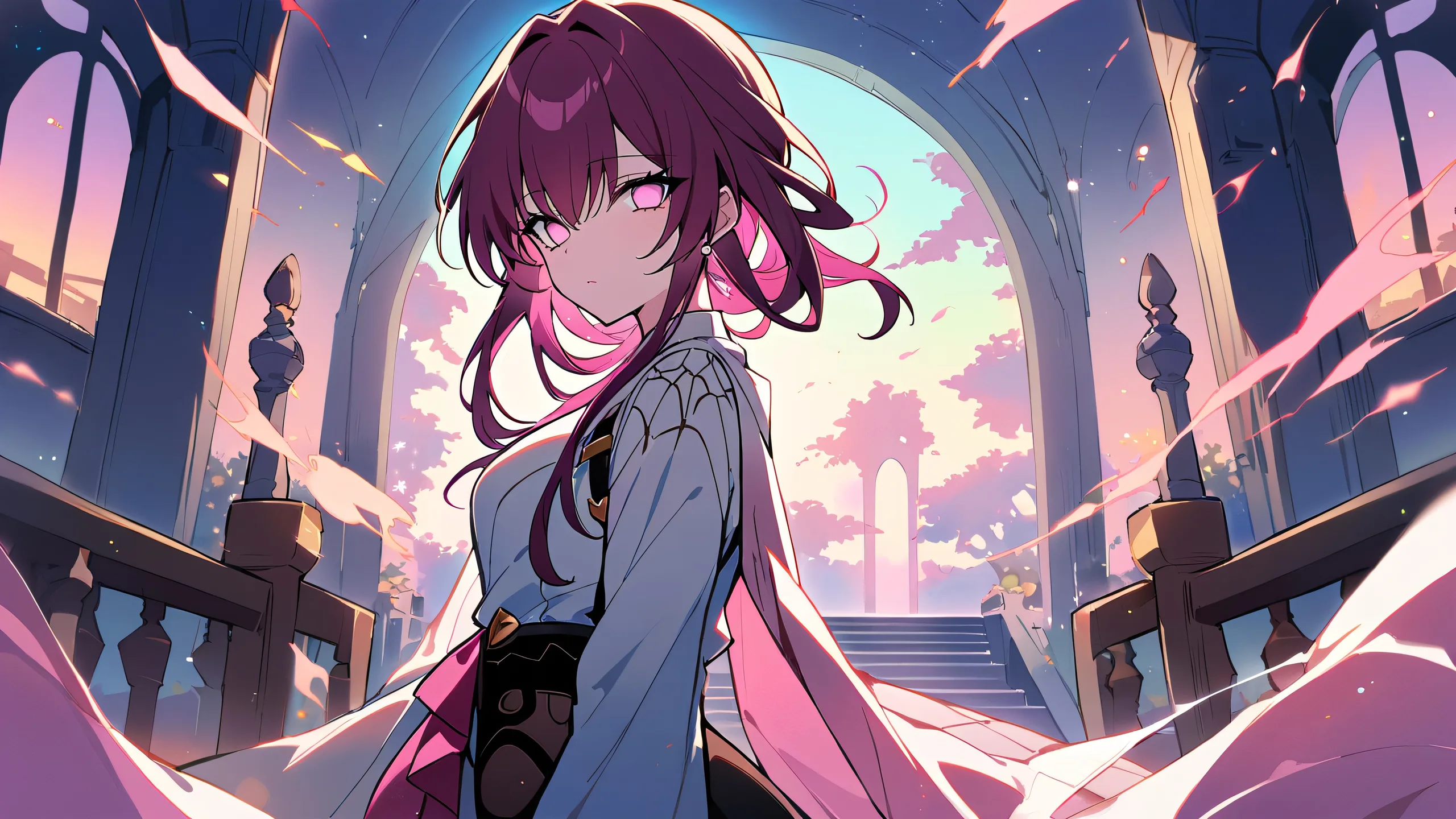 A solo girl from Honkai: Star Rail gazing at the viewer against a perfectly clean vast pure void with extreme depth of field showcasing architecture and stairs on a desktop/pc.