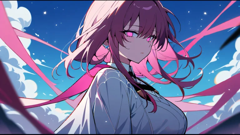 A solo girl looks directly at the viewer against a perfectly clean vast pure void with an extreme depth of field, set against a beautiful pastel pink and electric blue sky.
