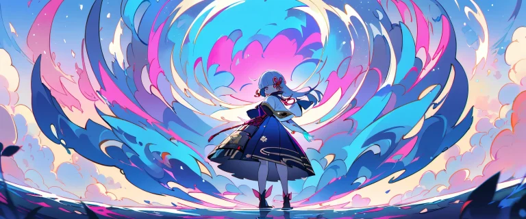 Ayaka looking directly at viewer on a clean vast pure void with depth of field, perfect for Desktop/PC