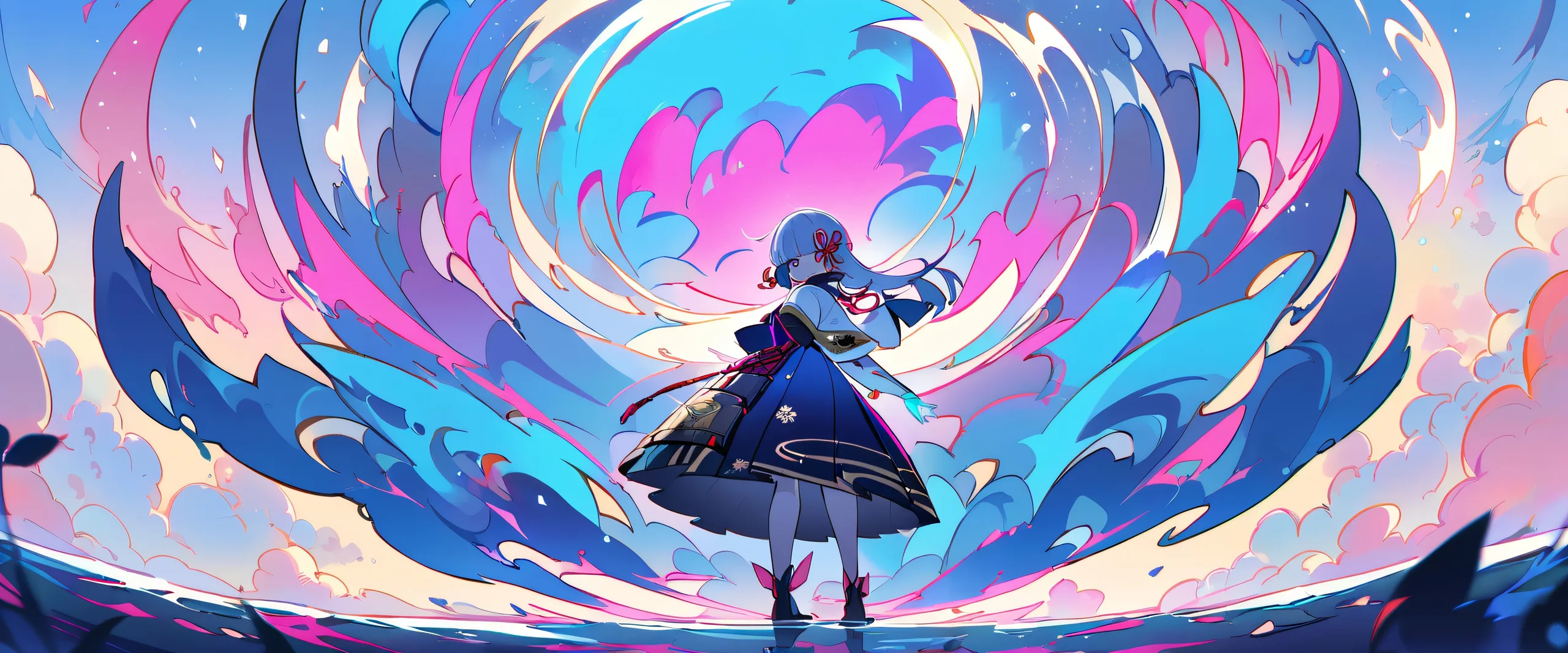 Ayaka looking directly at viewer on a clean vast pure void with depth of field, perfect for Desktop/PC