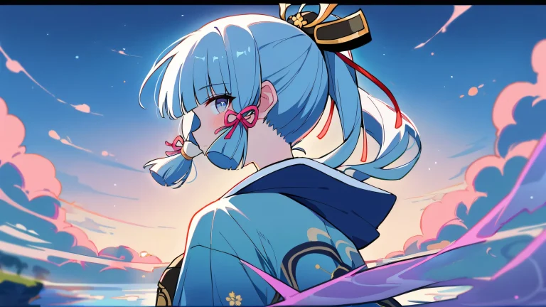 A solo portrait of Kamisato Ayaka from Genshin Impact, looking directly at the viewer against a bright and airy void with perfect depth of field and vivid colors.