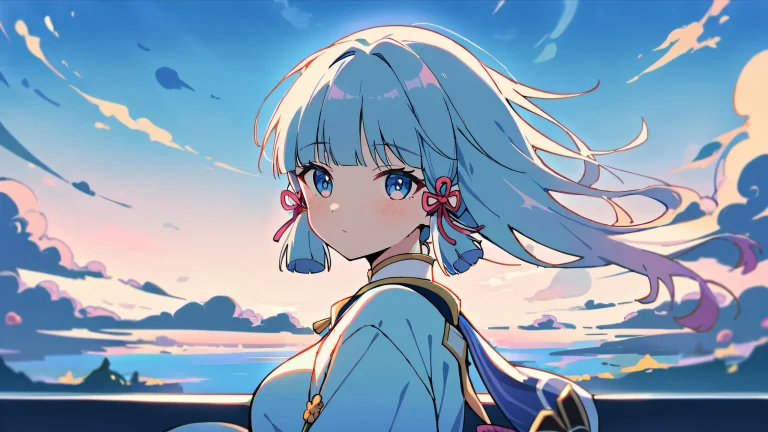 Ayaka standing alone in a vast, pure void against a bright and airy sky. Suitable for desktop/PC.