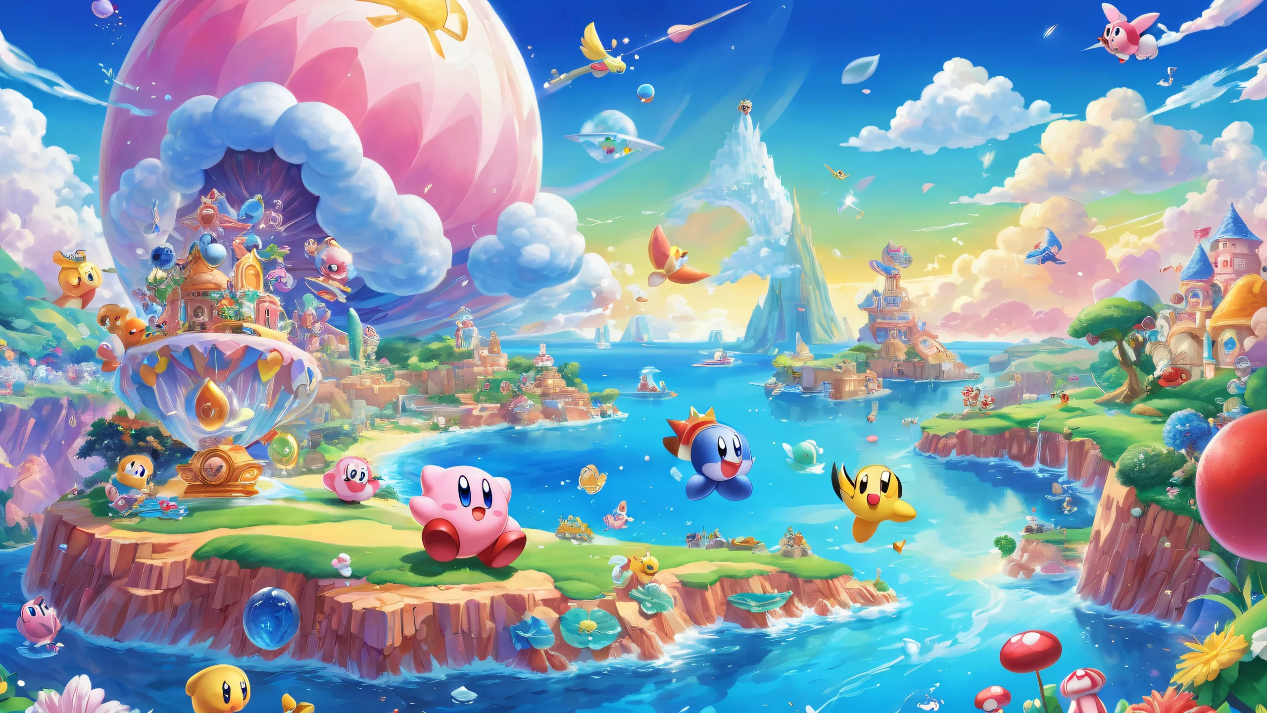 A whimsical desktop wallpaper featuring Kirby and friends in a vast pure void with stunning digital art, perfect for Desktop/PC users.