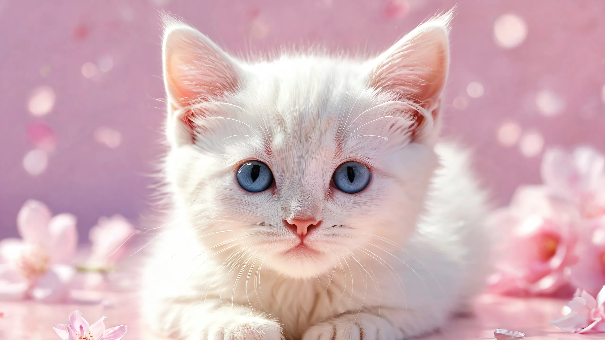 A desktop/pc wallpaper featuring a kitten in a vast, pure void with extreme depth of field, highlighting the adorable subject. For screen readers.