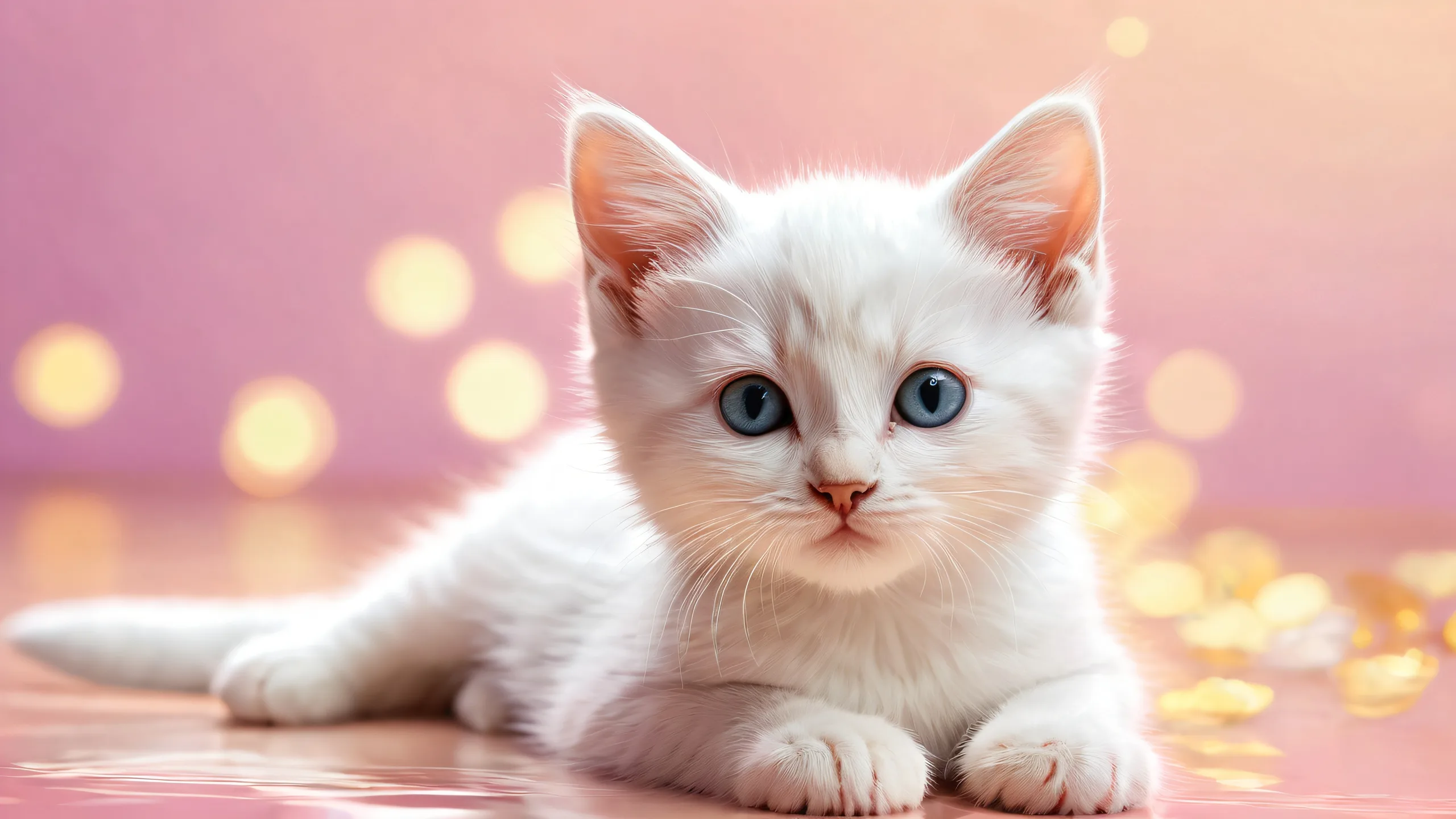 A kitten sitting peacefully in a vast, pure void with an extreme depth of field. Desktop/PC background.