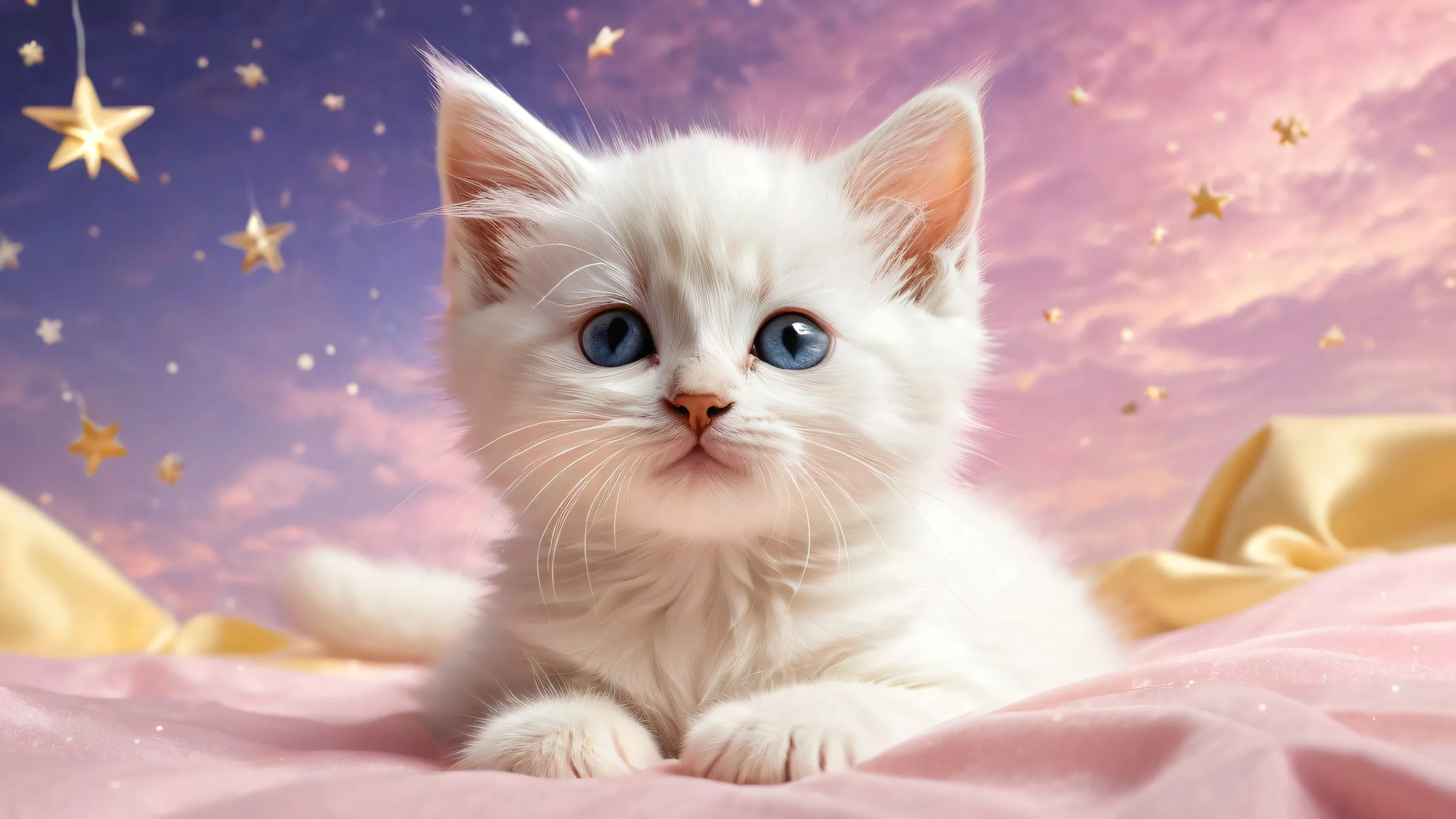 A serene desktop scene of a kitten surrounded by pure void, white clouds, and gold dusted shooting stars on a Desktop/PC.