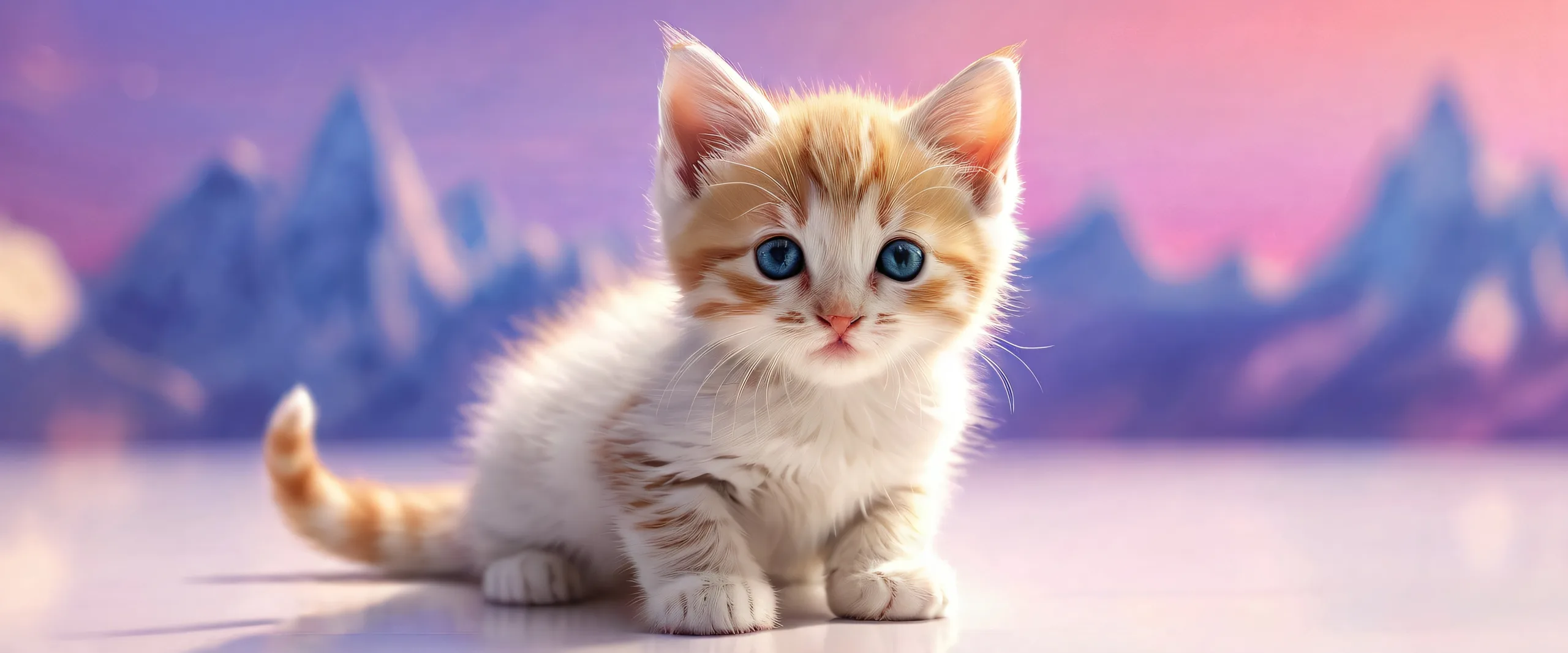 A serene desktop scene featuring a kitten amidst a vast, pure void with ethereal lighting and photorealistic background.