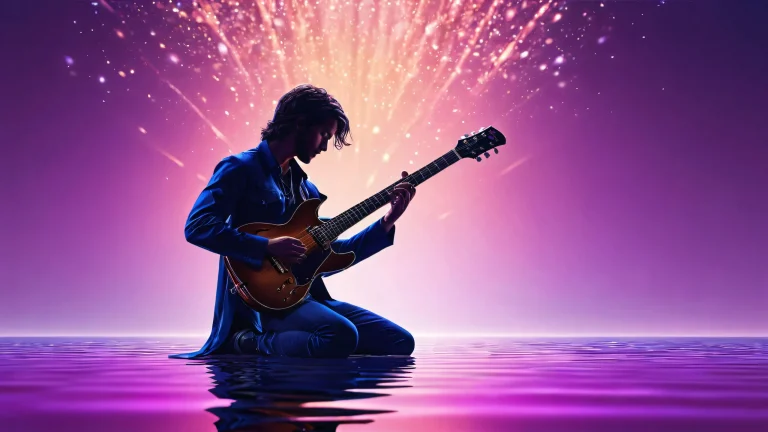 A kneeling guitarist surrounded by a vast, pure void on desktop/pc background with radiant lighting and ray traced reflections.