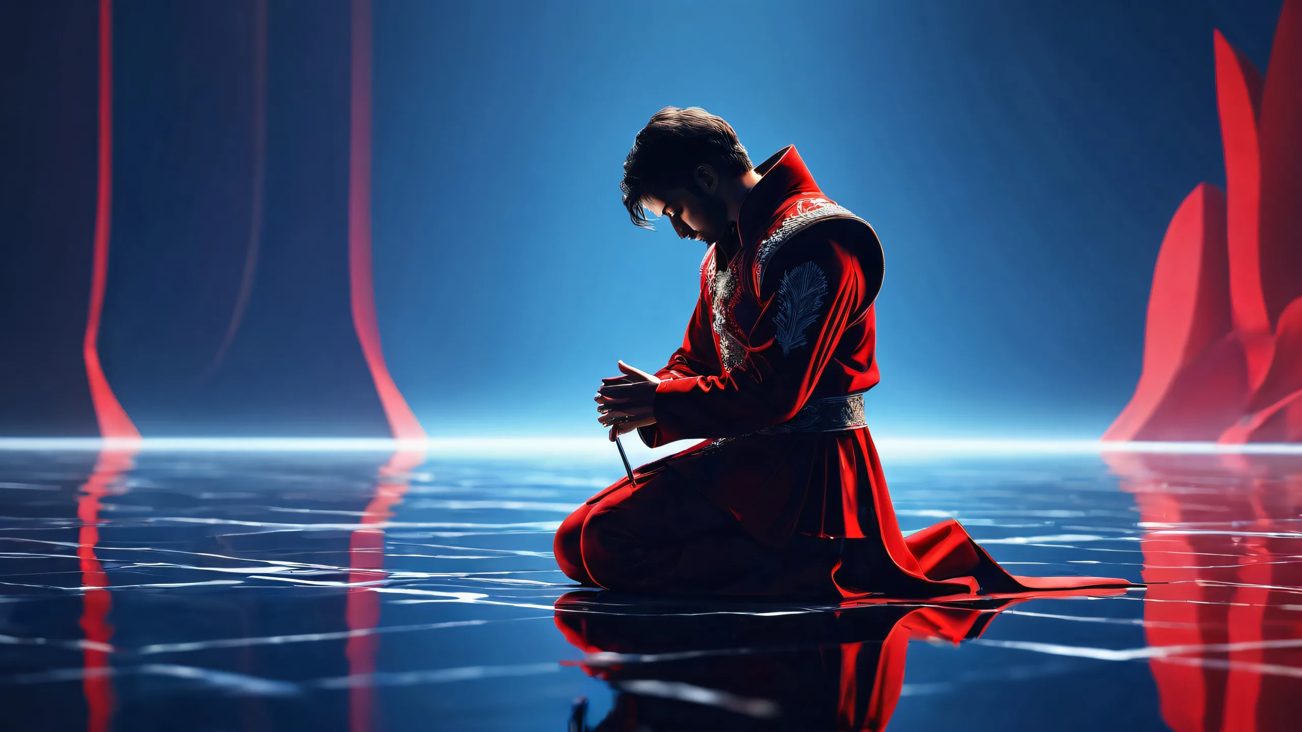 A kneeling musician surrounded by a vast, pure void with extreme depth of field on a desktop/PC.