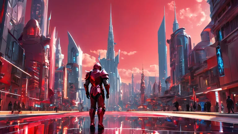 A breathtaking desktop wallpaper of a knight in a futuristic cityscape on a clean and vast pure void background, perfect for PC or Desktop use.