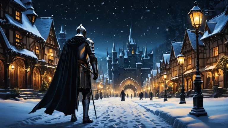 A stunning desktop scene of a knight in the midst of a snowfall-filled night town, perfect for your Desktop/PC.