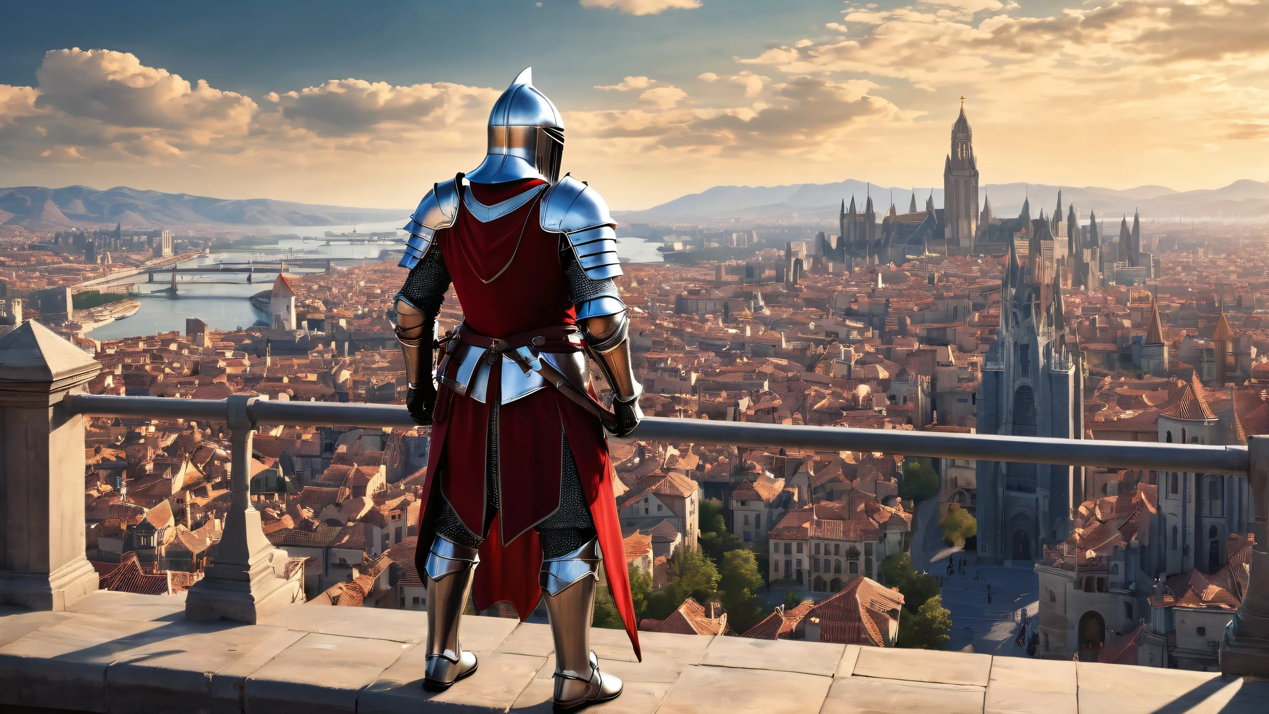 Desktop/PC wallpaper of a knight in city, with extreme depth of field and urban landscape stretching into distance.