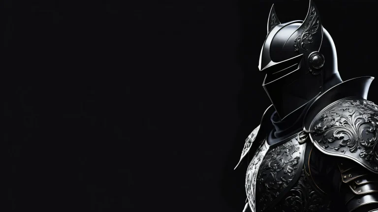 Elegant dark mode desktop wallpaper featuring a knight in a vast pure void with perfect depth of field and atmospheric texture. Suitable for Desktop/PC.