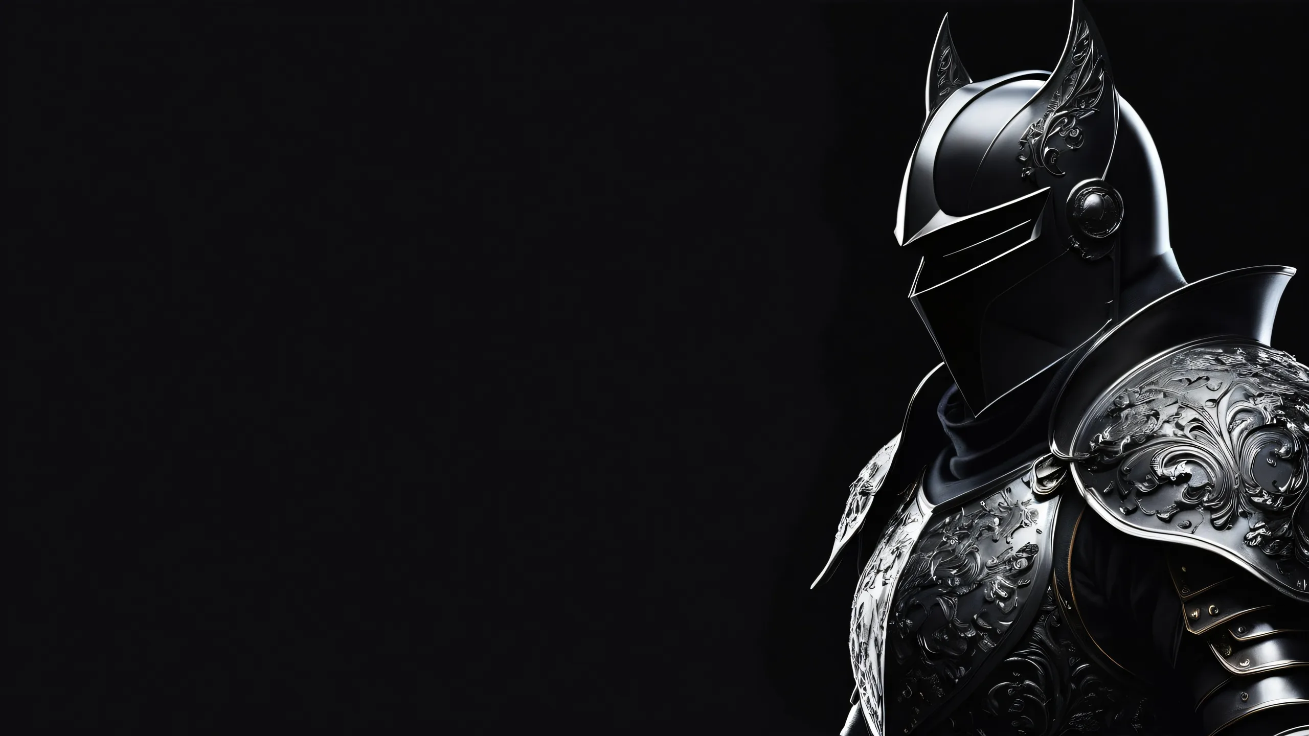 Elegant dark mode desktop wallpaper featuring a knight in a vast pure void with perfect depth of field and atmospheric texture. Suitable for Desktop/PC.