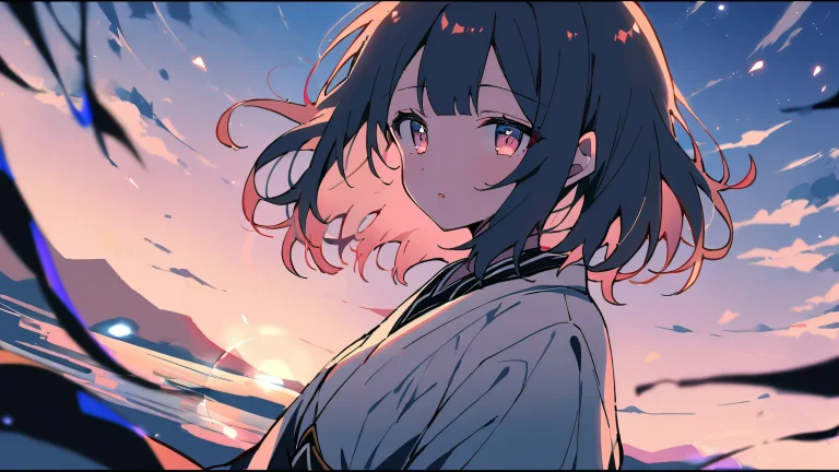 Shinobu Kocho sitting on a vast pure void, looking directly at the viewer with a serene atmosphere and bright and airy sky.