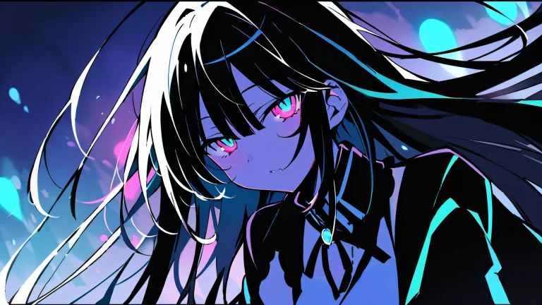 Anime-inspired night scene of Kurumi Tokisaki looking directly at the viewer on a perfectly clean and vast pure void, with extreme depth of field and striking contrast.