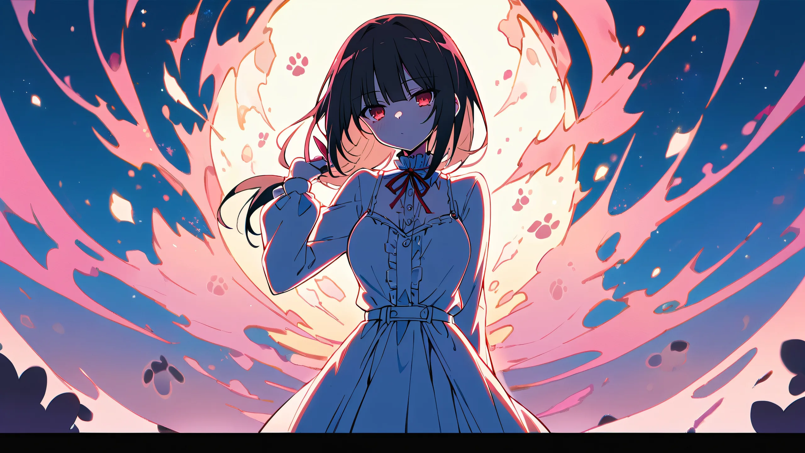 A serene Kurumi Tokisaki looking directly at the viewer on a perfectly clean vast pure void background with extreme depth of field and paw print details for Desktop/PC