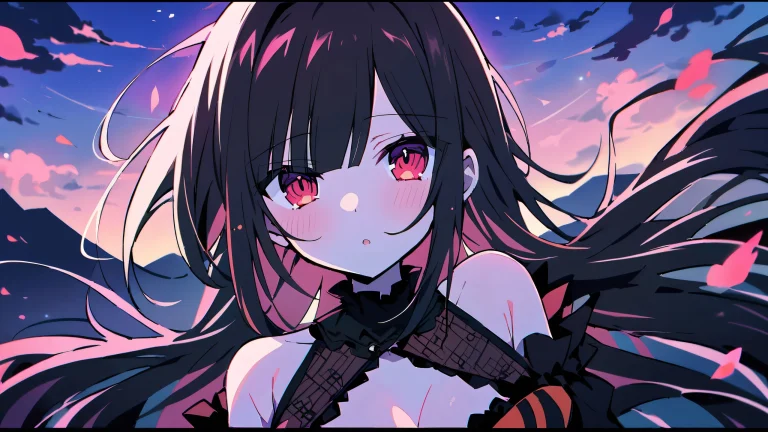 A serene anime girl, Kurumi Tokisaki from Date A Live, gazes at the viewer in a perfectly clean and vast pure void with extreme depth of field on a 16:9 desktop/pc.