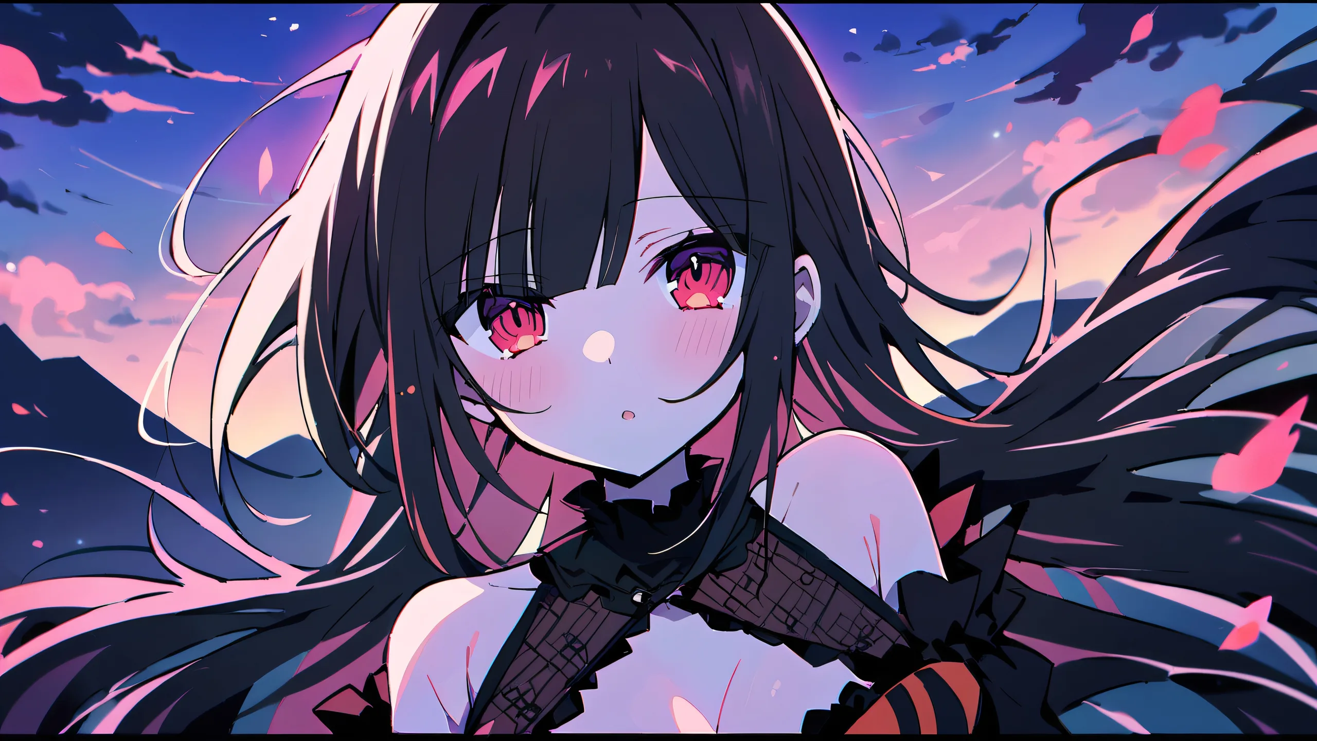 A serene anime girl, Kurumi Tokisaki from Date A Live, gazes at the viewer in a perfectly clean and vast pure void with extreme depth of field on a 16:9 desktop/pc.