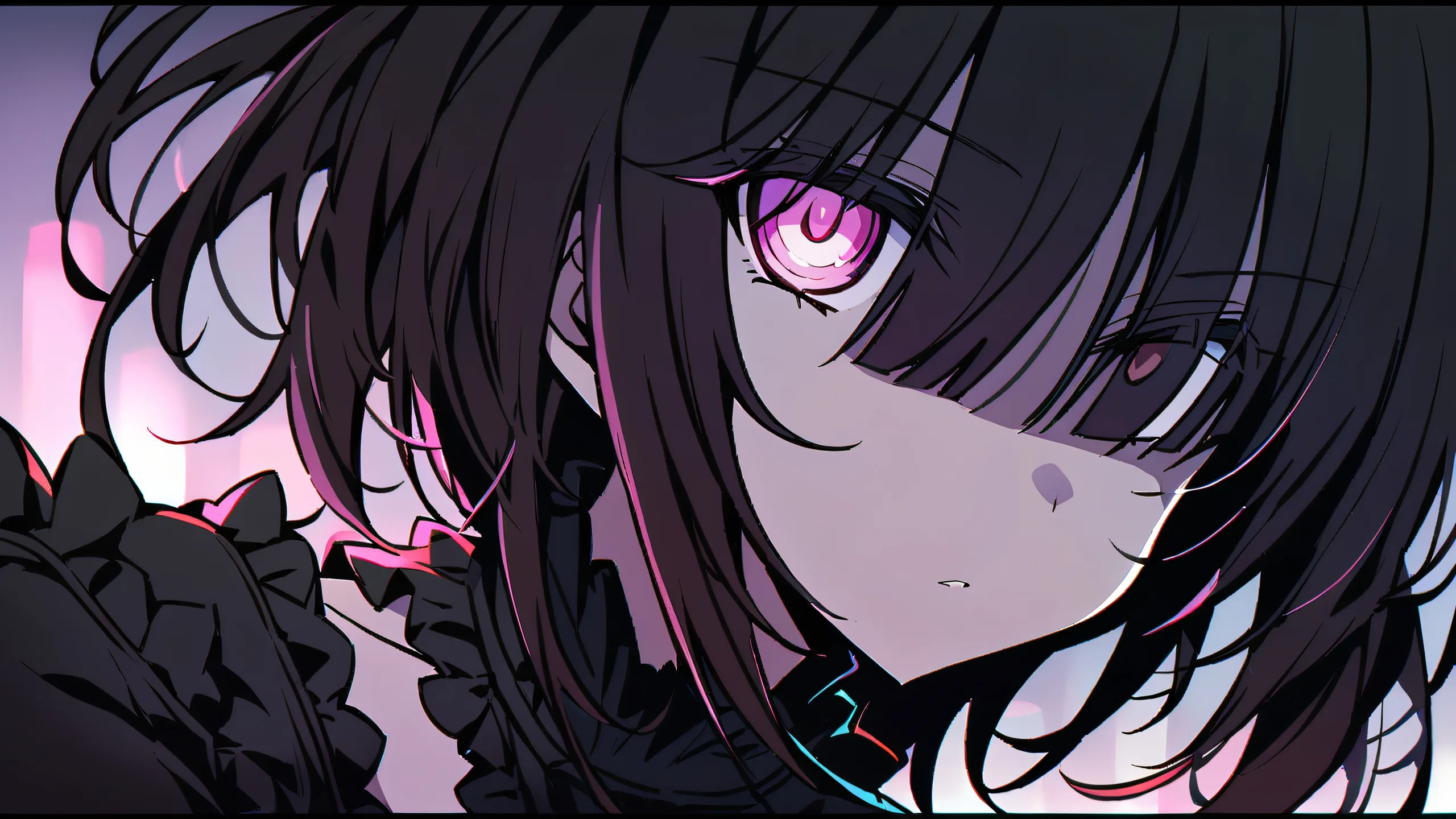 Close-up of Kurumi Tokisaki from Date A Live looking at viewer on a dark night with deep blues and purples, Paw print patterned void in the background, for desktop/PC use.