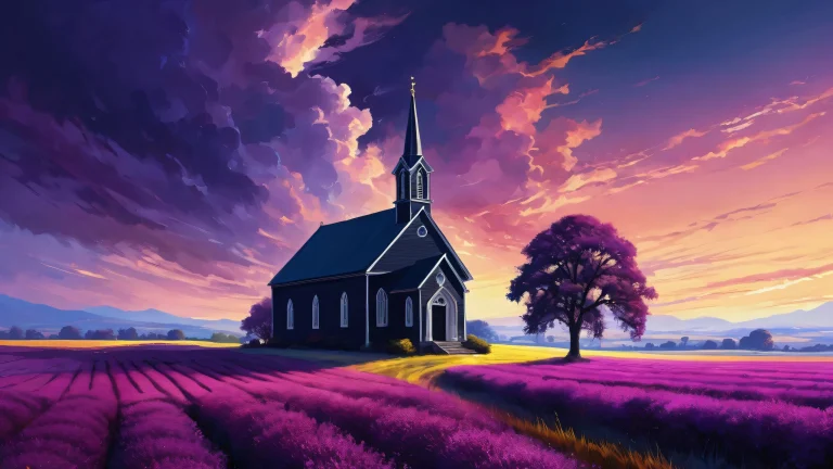 Young woman standing in front of a black church with a purple haze in the fields, perfecto para tu escritorio/pc