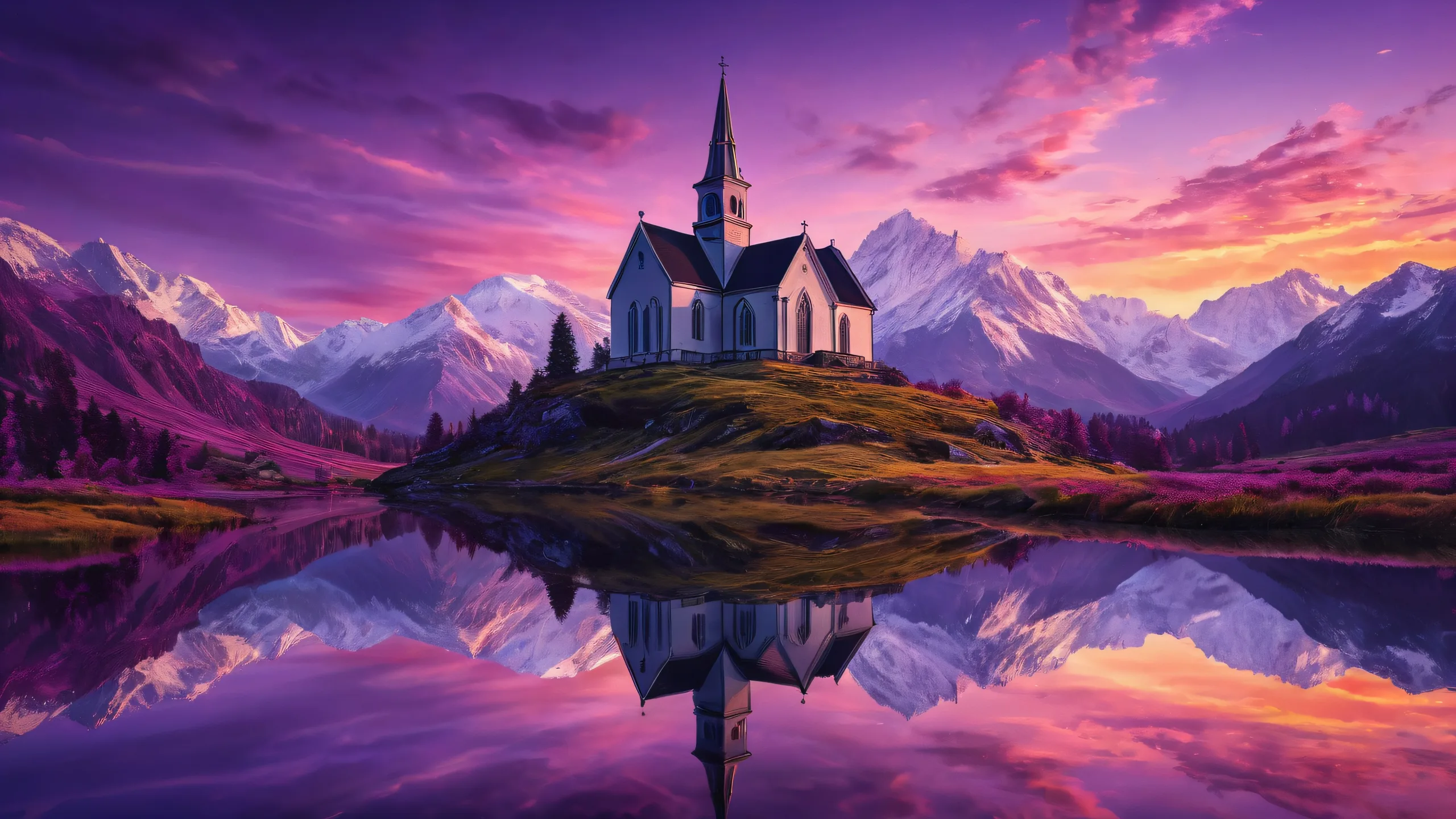 A stunning desktop wallpaper of a clean void with an old black church in the distance against an LA backdrop, perfect for PC or Desktop users.