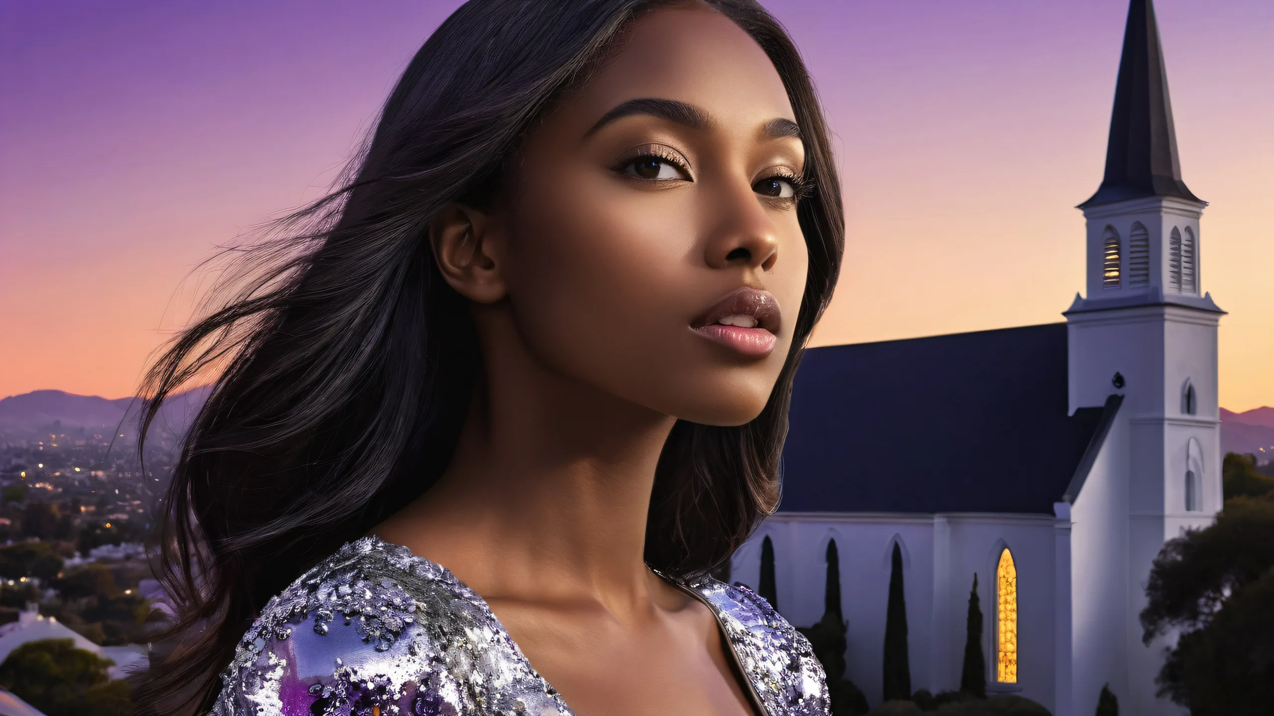 A stunning desktop wallpaper featuring a young woman in front of a black church backdrop on a pure void, for Desktop/PC screens.