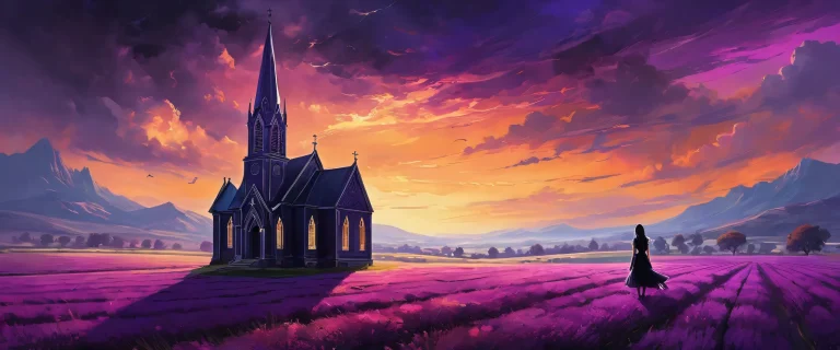 Young goth woman standing in a vast pure void with an old black church and purple haze across fields, suitable for desktop/pc