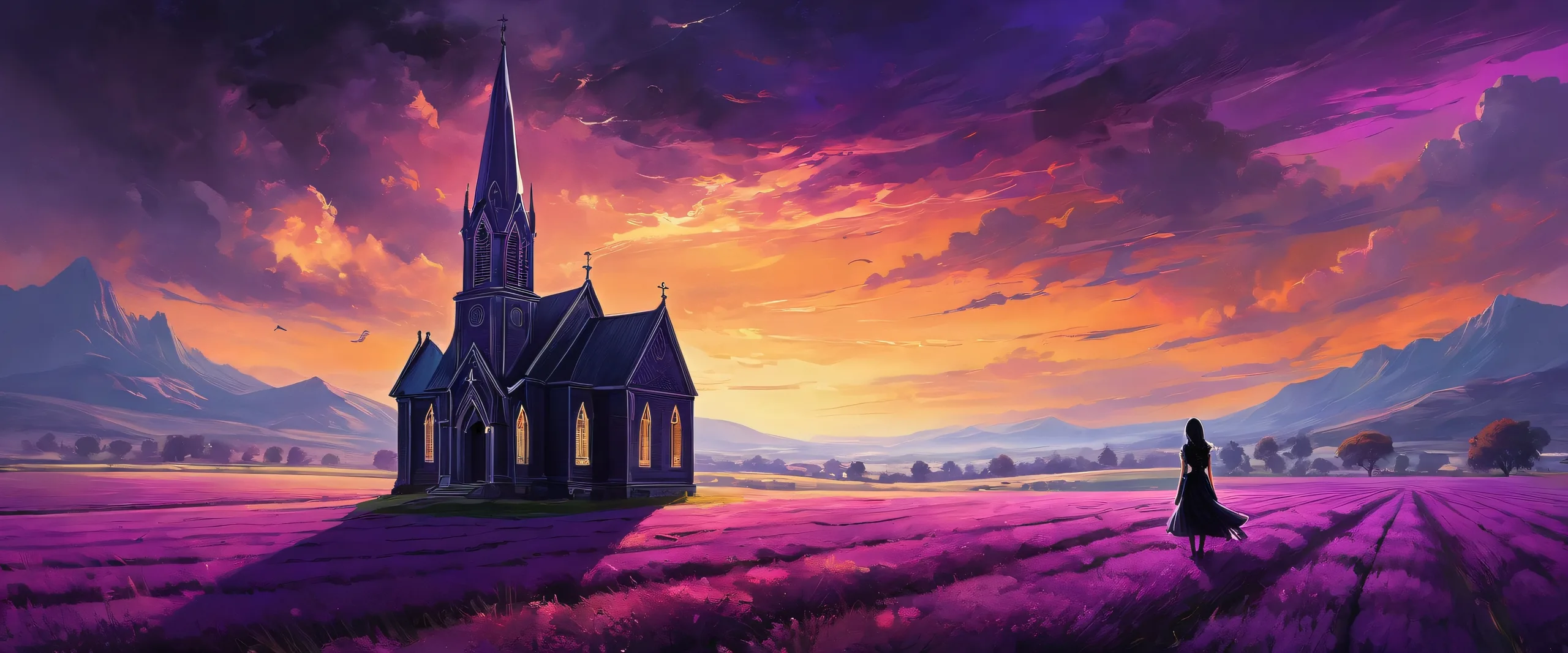 Young goth woman standing in a vast pure void with an old black church and purple haze across fields, suitable for desktop/pc