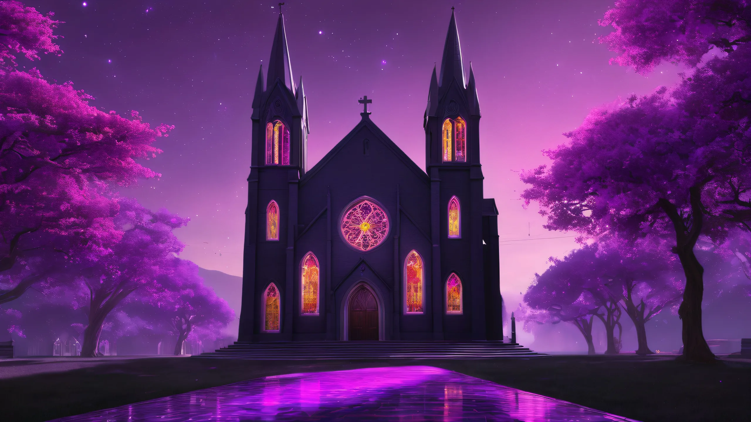 A serene and majestic desktop wallpaper featuring a vast pure void background with an old black church and floating purple haze, perfect for your PC or Desktop