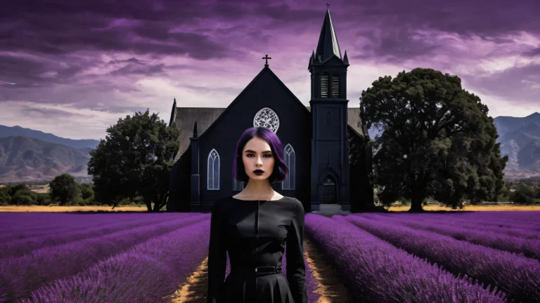A stunning desktop wallpaper featuring a young goth woman and an abstract portrait set against the backdrop of an old black church in Los Angeles, with a deep purple haze floating across a field. デスクトップ/PCに最適.