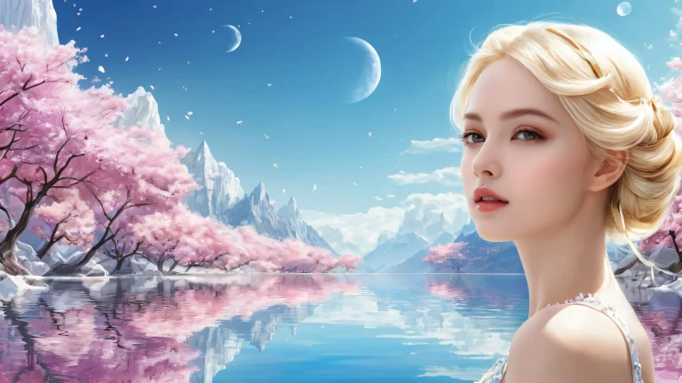 Lady Melamori desktop wallpaper with a vast pure void, featuring blonde hair and crystal elements, suitable for Desktop/PC screens.