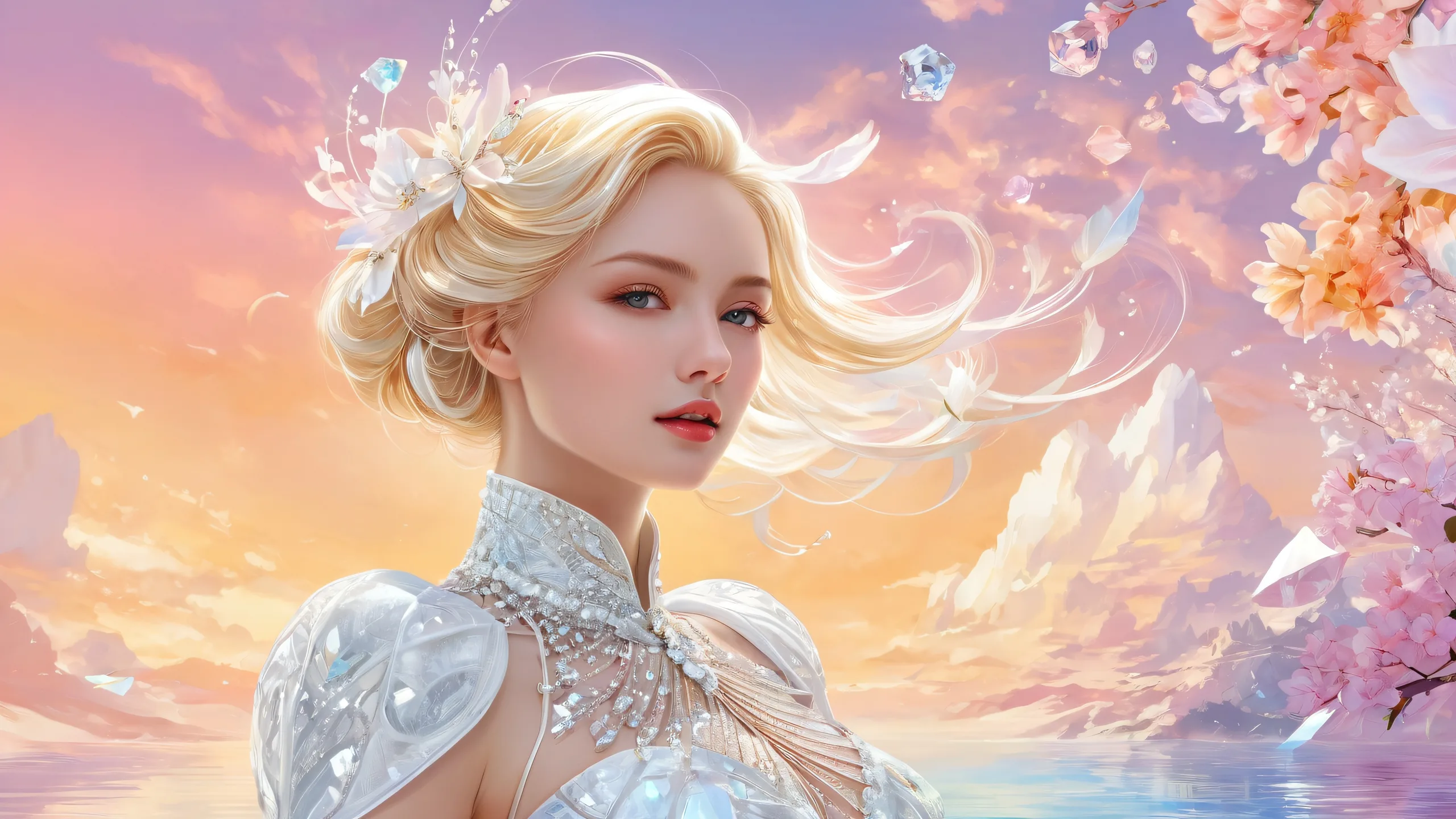 4K Ethereal Majesty Unveiled Desktop Background A majestic fantasy scene of Lady Melamori set against a pure void, suitable for desktop/PC backgrounds.
