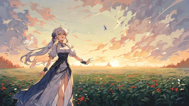 A serene anime illustration of Lain Iwakura sitting in a vast, pure void on her desktop/PC, emphasizing her introspective nature.