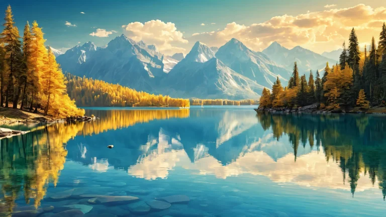 A serene desktop wallpaper of a lake's depth and beauty for PC or Desktop, featuring radiant colors and reflections.
