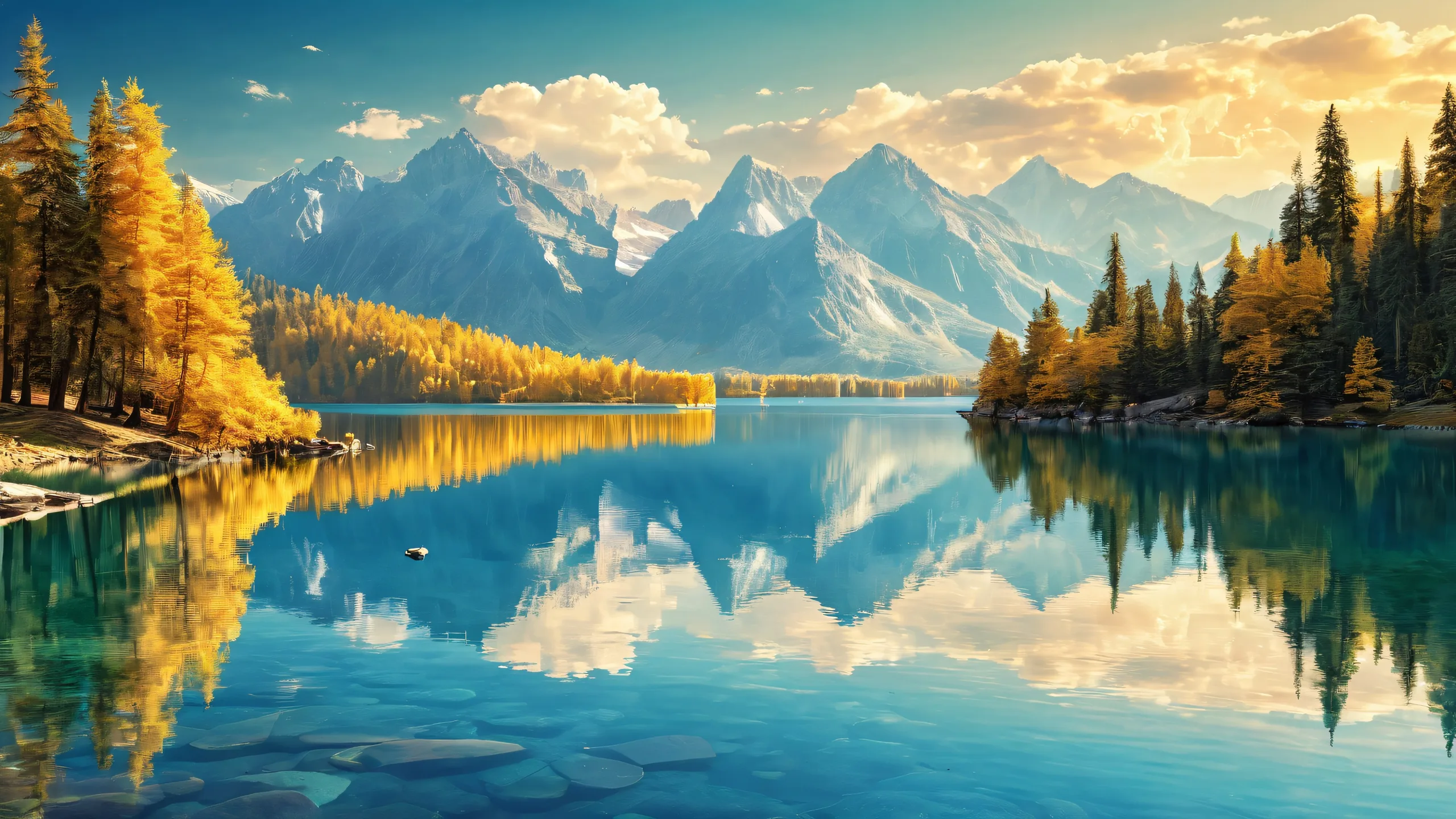 A serene desktop wallpaper of a lake's depth and beauty for PC or Desktop, featuring radiant colors and reflections.