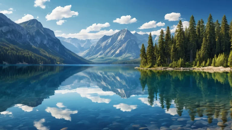 A serene desktop scene featuring a pristine lake and surrounding trees, perfect for a PC or Desktop.