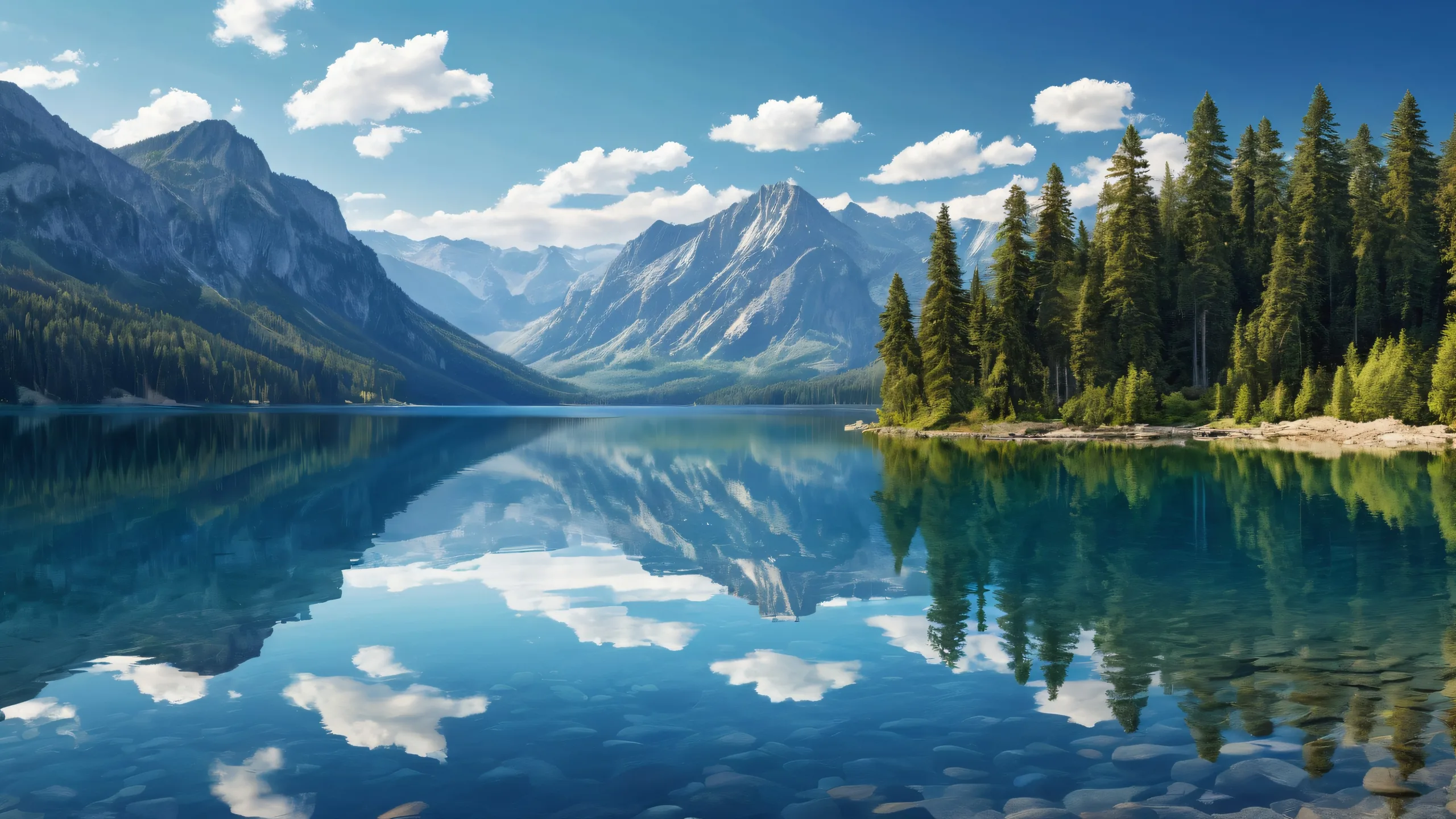 A serene desktop scene featuring a pristine lake and surrounding trees, perfect for a PC or Desktop.