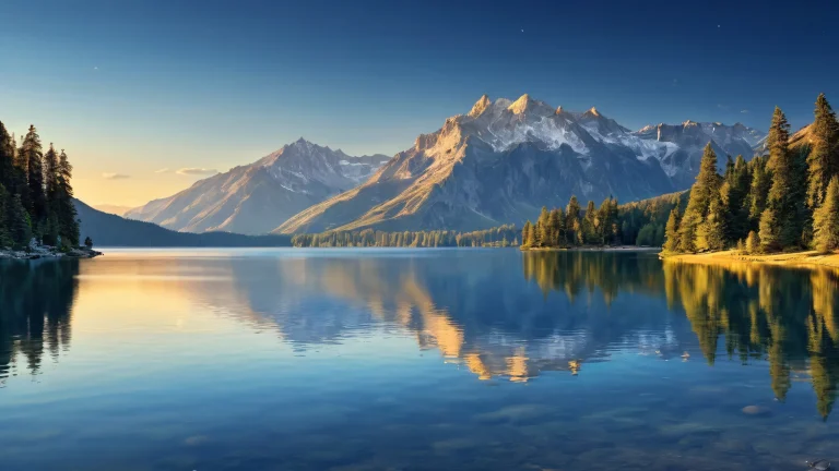 A peaceful desktop wallpaper of a serene lake scene on a calm evening for your Desktop/PC, featuring pristine water reflections and an atmospheric glow.