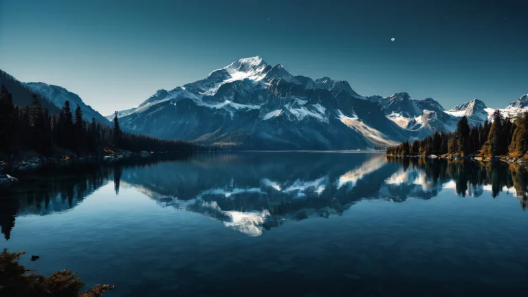 A serene and breathtaking desktop image of a lake's pristine depths on a dark mode background with deep perfect blacks, striking contrast, und elegante Leuchtakzente. Suitable for Desktop/PC.