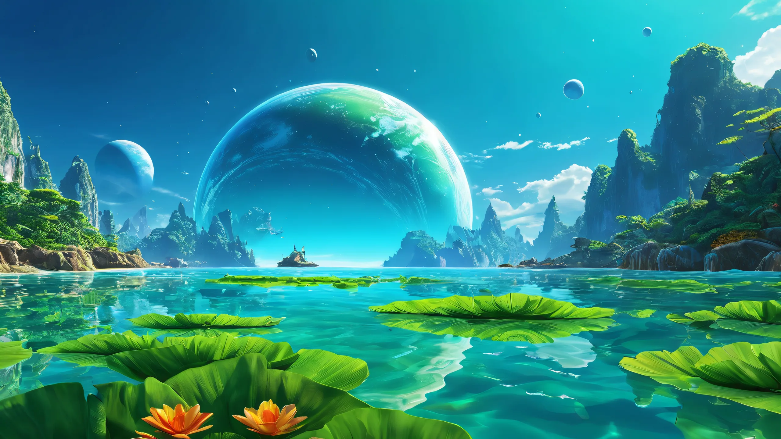 A stunning underwater desktop scene of Planet Lana II's pure void, featuring a vast ocean with radiant lighting and brilliant colors for your PC or Desktop.