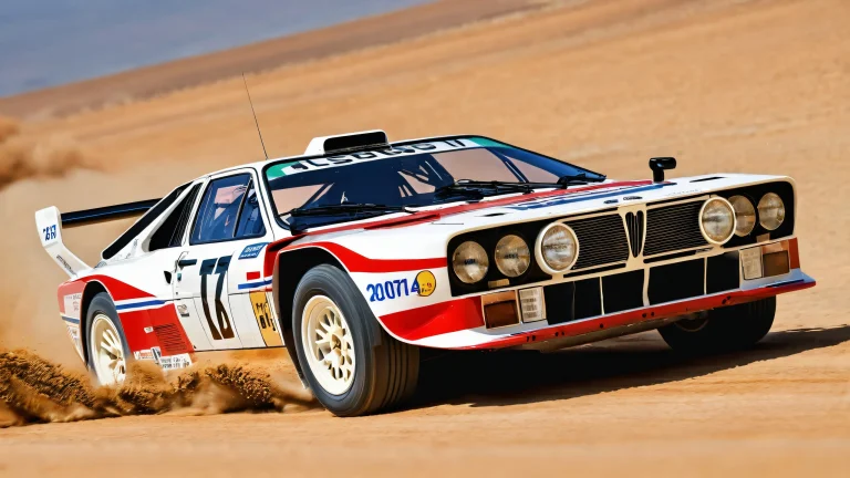 Lancia 037 rally car on a pristine desktop void with brilliant colors and ray-traced reflections, perfect for PC or Desktop display.