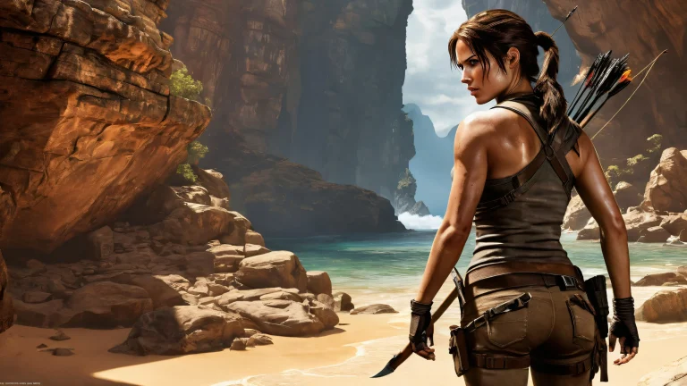 A beautifully crafted desktop wallpaper of Lara Croft set against a vast, pure void with extreme depth of field, perfect for desktop/PC use.