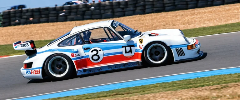 A stunning desktop image of the Porsche 963 RSP at Le Mans on a pristine, blue-sky day with fluffy clouds, parfait pour votre ordinateur de bureau/PC.