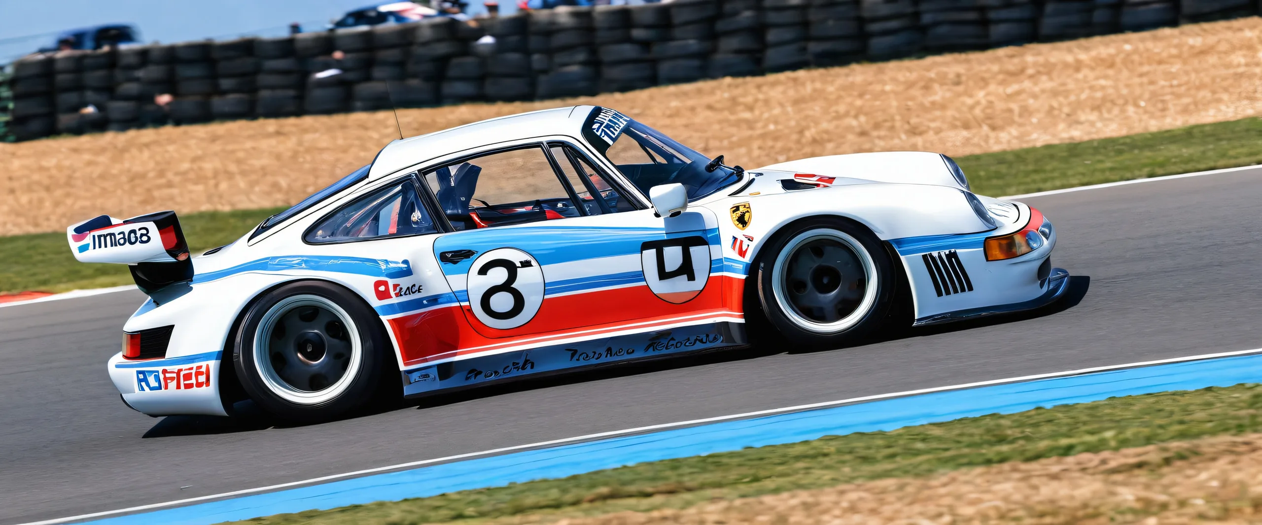 A stunning desktop image of the Porsche 963 RSP at Le Mans on a pristine, blue-sky day with fluffy clouds, perfect for your Desktop/PC.