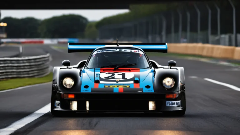 Desktop/PC wallpaper featuring Porsche 963 RSP in Le Mans frontal view against a pure void background with extreme depth of field, showcasing the sleek design and award-winning digital art.