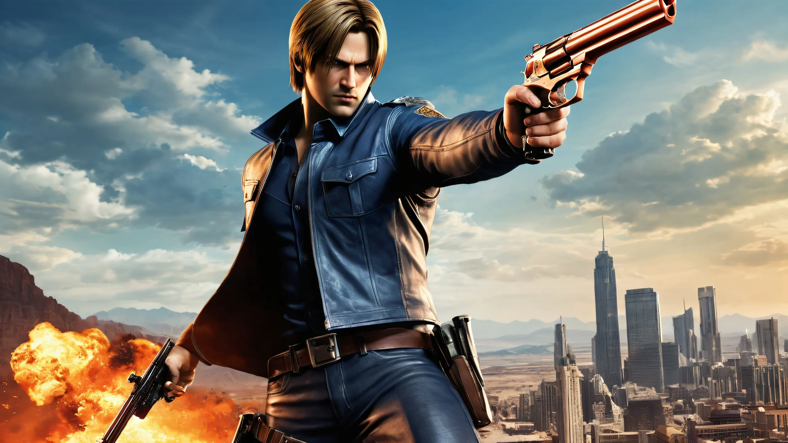 A dramatic desktop scene of Leon Kennedy standing with a gun on a pure void background, perfect for Desktop/PC screens.