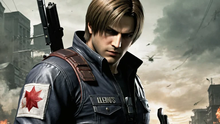 A heroic pose of Leon Kennedy against a vast pure void with gun smoke haze on a desktop/pc background.