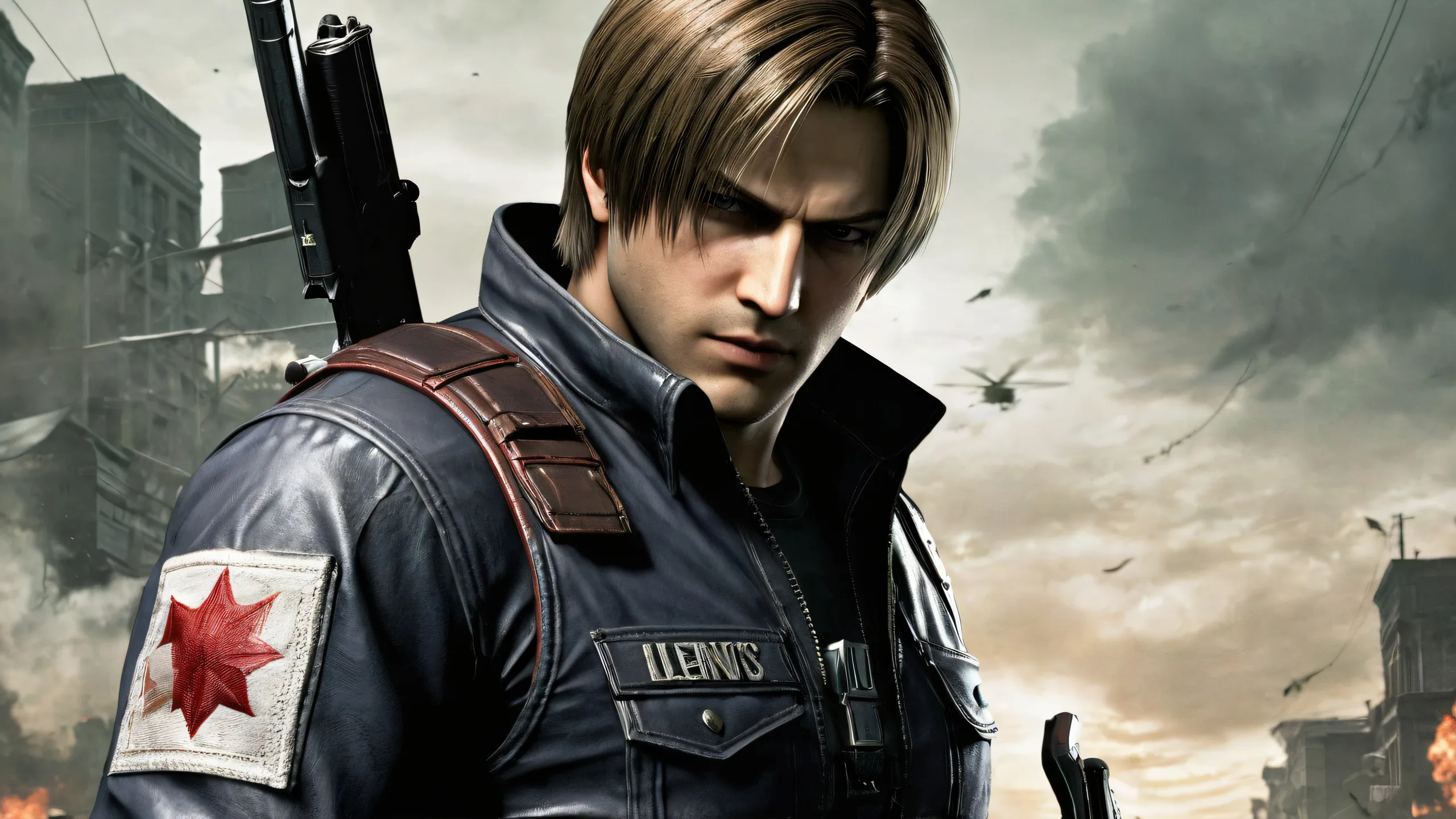 A heroic pose of Leon Kennedy against a vast pure void with gun smoke haze on a desktop/pc background.